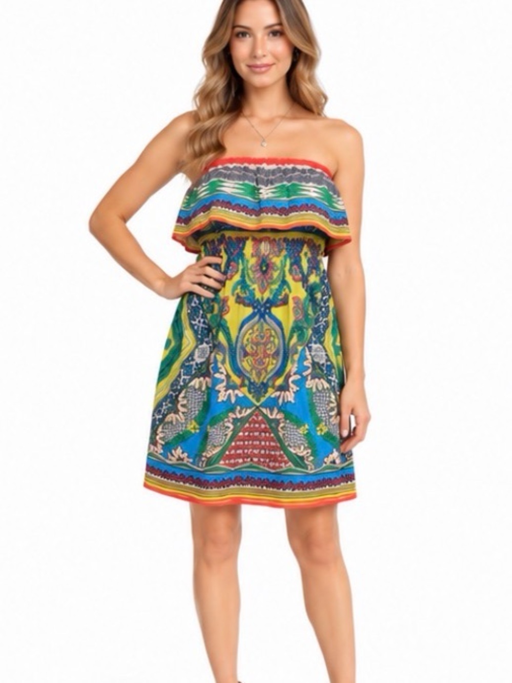 Flying Tomato Strapless Multicolor Printed Ruffle Sundress